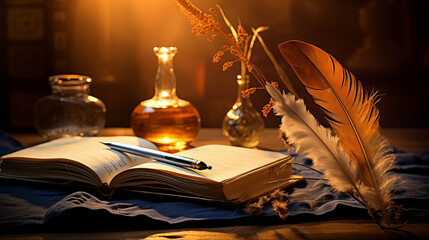 Quill Pen in an Old-Fashioned Study. Banner with place for text