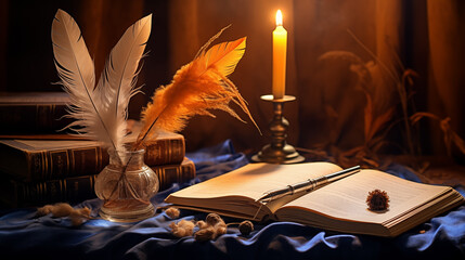 Quill Pen in an Old-Fashioned Study. Banner with place for text