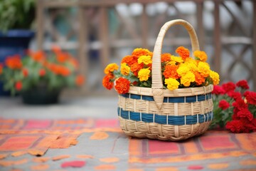 Fototapeta na wymiar woven basket brimming with vibrant marigolds