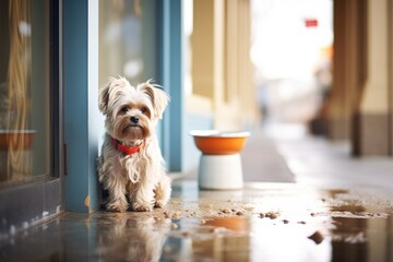 a dog waiting outside beside a water bowl