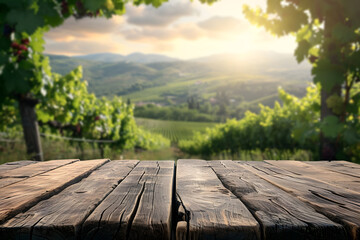 Wooden Tabletop Foreground, Blurred Grapevines Rustic Vineyard Scene Background