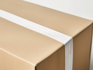 Close up of kraft box brown cardboard with blank white adhesive tape mockup - obrazy, fototapety, plakaty