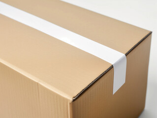 Close up of kraft box brown cardboard with blank white adhesive tape mockup