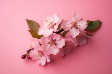 Cherry blossom pink branch. Blossom rosy botanical Japanese flower. Generate ai