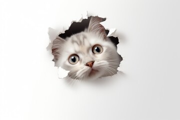 Cat looking up in paper side torn hole with isolated white background.