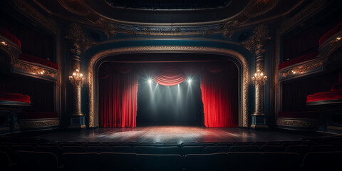 stage with lights,,,,,Arafed stage with a red curtain and a stage with a stage light generative ai