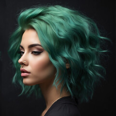 young woman with green hair isolated on black background