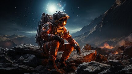 Astronaut in space suit and helmet on planet surface.