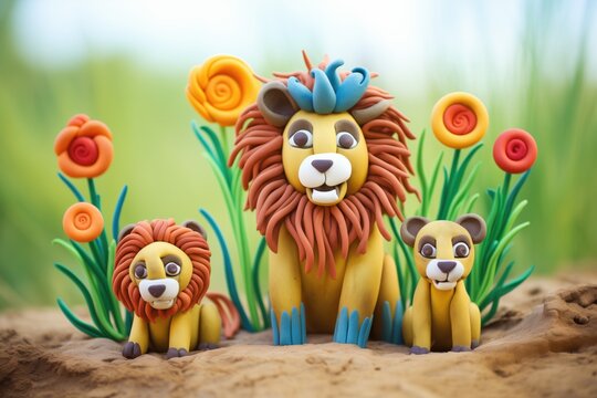 plasticine lion family in a clay savanna