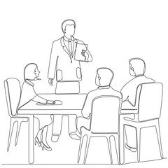 Continuous line drawing of group of business people discussing in conference room. Creative business team brainstorming over new project isolated on white background