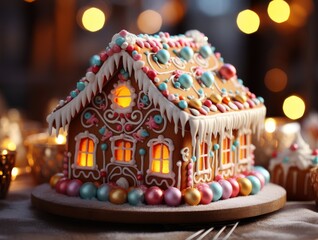 Naklejka premium Decorated Gingerbread House Icing Christmas Holiday Background