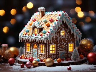 Fototapeta premium Decorated Gingerbread House Icing Christmas Holiday Background
