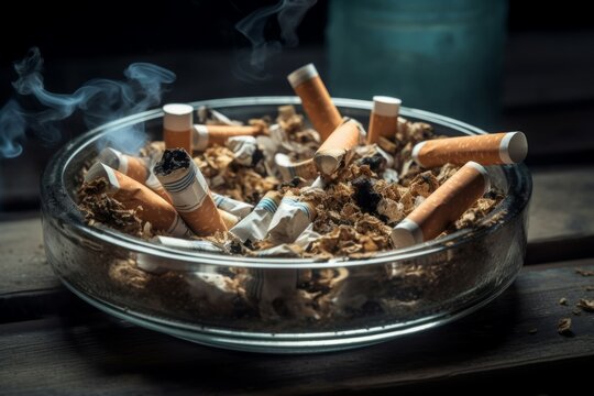Cigarette butts ashtray. Dangerous and addictive nicotine with grey smoke. Generate AI