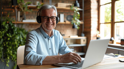 Cheerful elderly man wearing headphones and glasses, using a laptop