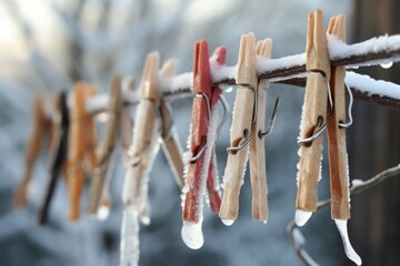 Clothespins hanging with ice. Clothes pegs on winter frozen clothesline. Generate ai - obrazy, fototapety, plakaty