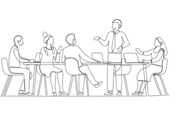 Continuous line drawing of group of business people discussing in conference room. Creative business team brainstorming over new project isolated on white background