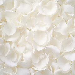 White rose petals background. Flat lay, top view, square crop