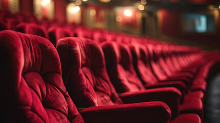 Fototapeta premium Empty cinema theater with rows of plush red seats, a central aisle leading to a screen