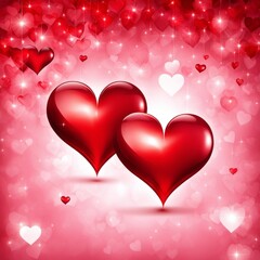 Red pair of hearts with bright light decorative garlands and golden confetti, Romantic background.
