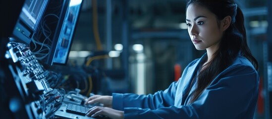 female engineer is checking network server - obrazy, fototapety, plakaty