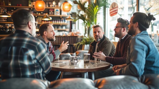 A group of men talking in a cafe, AI generated Image
