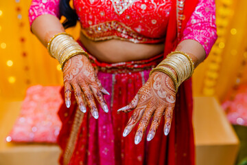 Indian bride's henna mehendi mehndi hands close up