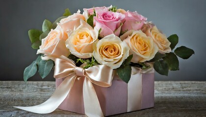 Elegant Love Gesture: A Beautiful Bouquet of Roses in a Gift Box with a Satin Bow"