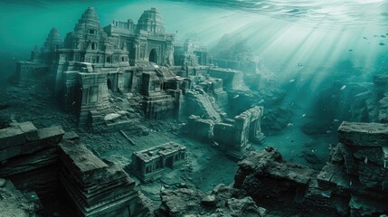 Ancient buildings are submerged in the sea, AI generated Image