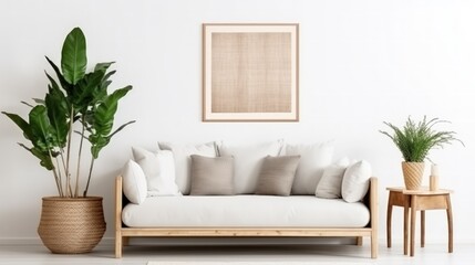 Fototapeta na wymiar Home interior design with Empty Frame Mockup in Scandinavian style room. copy space. Generative AI.