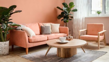 Warm Elegance: Wooden Coffee Table and Peach Hues in a Minimalist Living Space"