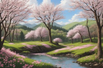Cherry blossoms, mountains and river in the spring season. Digital painting. Spring landscape. Ai generative.