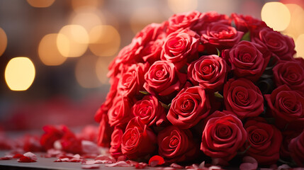 Bouquet of red roses and petals on bed as a sign of love, Valentine's Day - wedding - honeymoon