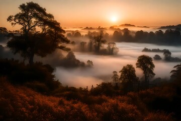 Fototapeta na wymiar sunset at misty forest