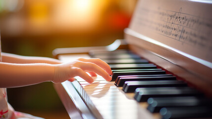 close up of child hands playing the piano with bokeh background - obrazy, fototapety, plakaty