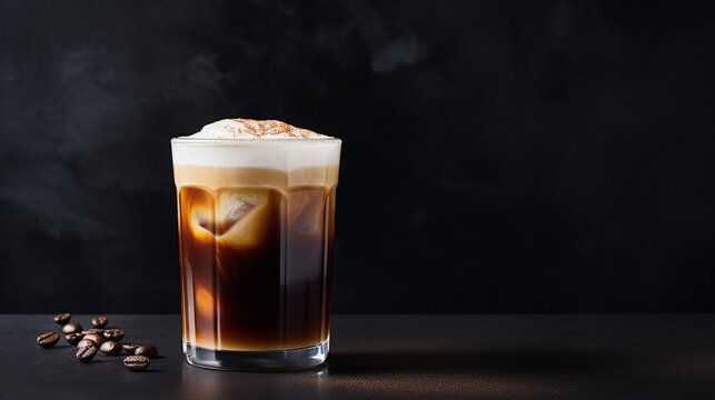 nitro cold brew with dark background served in a trendy urban industrial cafe