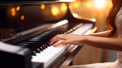 close up of female hands playing the piano with bokeh background