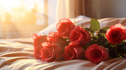Bouquet of red roses and petals on bed as a sign of love, Valentine's Day - wedding - honeymoon | Generative AI