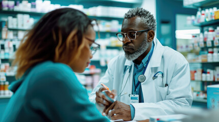 Pharmacist in a white coat and glasses having a consultation with a female patient in a pharmacy, holding a digital tablet and discussing her medical needs.