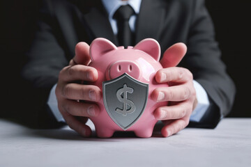 Financial Security: Businessperson Protecting Savings with a Shield on Piggy Bank