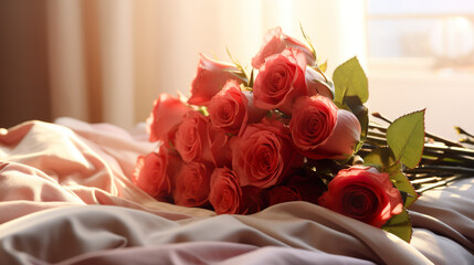 Bouquet of red roses and petals on bed as a sign of love, Valentine's Day - wedding - honeymoon | Generative AI