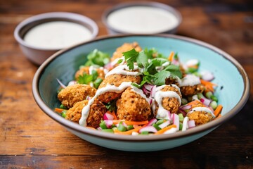 close-up of falafels drizzled with tahini in a bowl