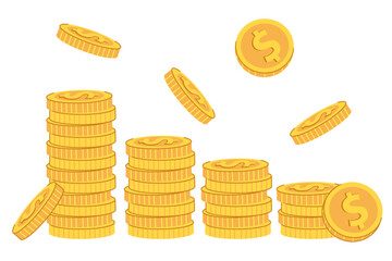 Stack of gold coins with dollar sign. Financial growth concept, accumulation of money, monetary wealth. Hand drawn illustration isolated on white background.
