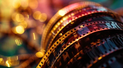 Deurstickers Close-up of a spiral of cinematic film reel illuminated with purple and orange lighting © MP Studio