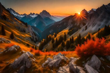 Beautiful view of sunrise in the mountains.