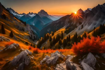Papier Peint photo Aube Beautiful view of sunrise in the mountains.