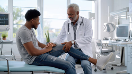 Obraz premium Elderly doctor with a stethoscope around his neck, smiling and discussing with a younger male patient in a clinical setting, with medical equipment visible in the background.