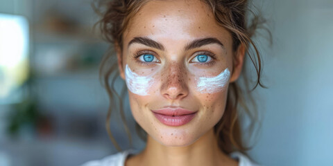 Frau mit Gesichtscreme trägt Kosmetika auf die Haut auf - obrazy, fototapety, plakaty