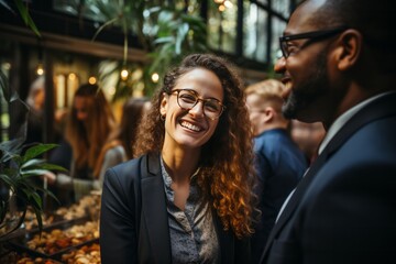 Fototapeta premium Gender-diverse team having a relaxed conversation in the office, showcasing equality and unity, Generative AI