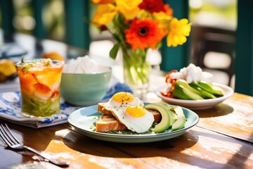 brunch setting with guacamole toast and poached eggs - obrazy, fototapety, plakaty