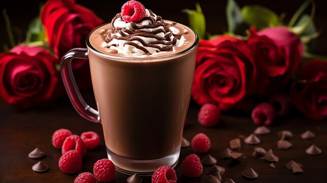 Raspberry truffle mocha in a valentine day themed cafe with red rose on the background